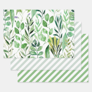 Elegant Green Watercolor Leaves Diagonal Stripes Wrapping Paper Sheet