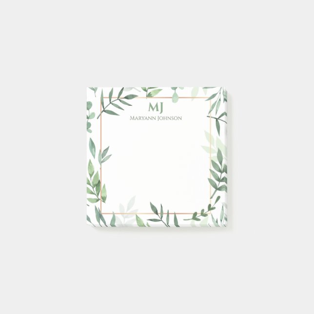 Elegant Green Watercolor Leaves Personalized Post-it Notes (Front)