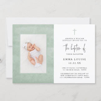 Elegant Green Watercolor Minimalist Photo Baptism  Invitation