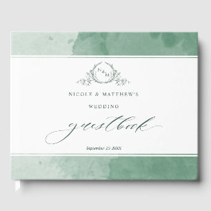 Elegant Green Watercolor Monogram Wedding Guest Book
