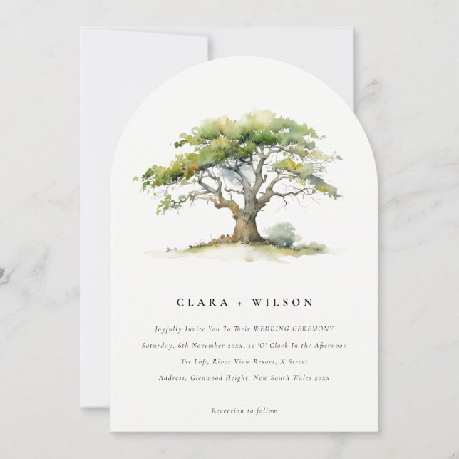 Elegant Green Watercolor Oak Tree Wedding Invitation (Front)