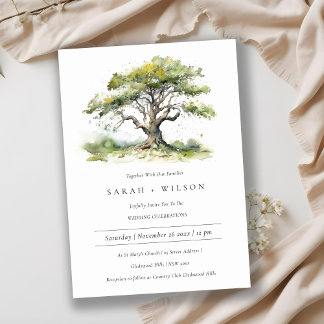 Elegant Green Watercolor Oak Tree Wedding Invitation