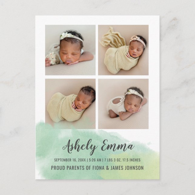 Elegant Green Watercolor Photo Birth Announcement Postcard (Front)