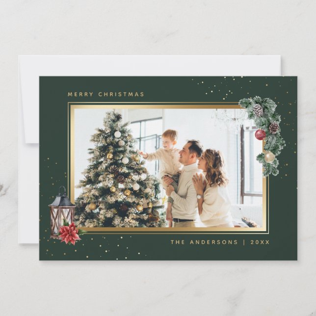 Elegant Green Watercolor Photo Christmas Cards (Front)