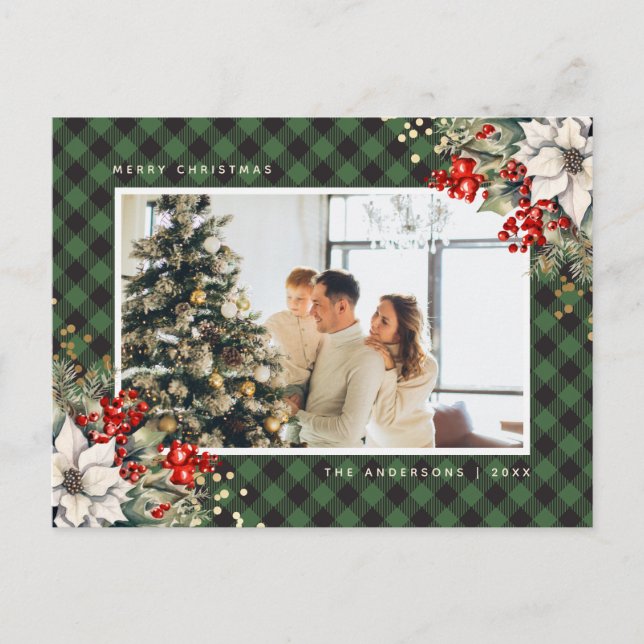 Elegant Green Watercolor Photo Christmas Holiday Postcard (Front)