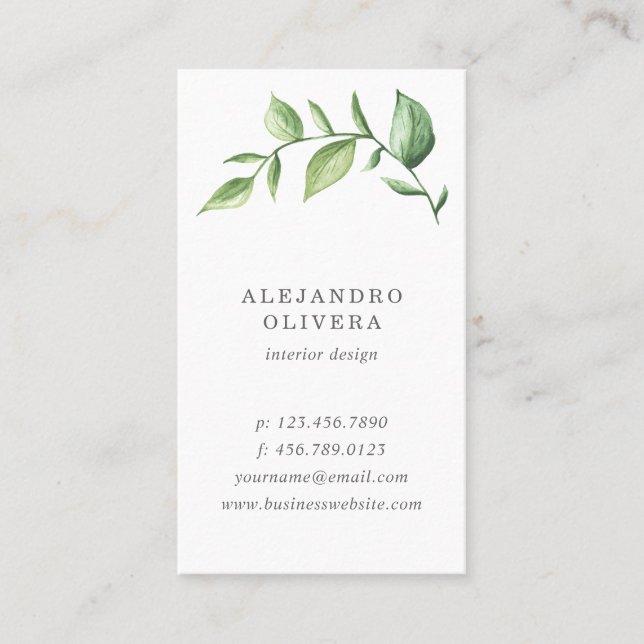 Elegant Green Watercolor Rustic Greenery Business Card (Front)