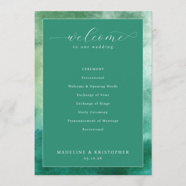 Elegant Green Watercolor Wedding Ceremony Programme (Front)