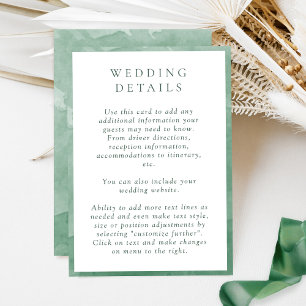 Elegant Green Watercolor Wedding Details  Enclosure Card