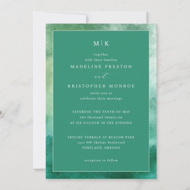 Elegant Green Watercolor Wedding Invitation (Front)