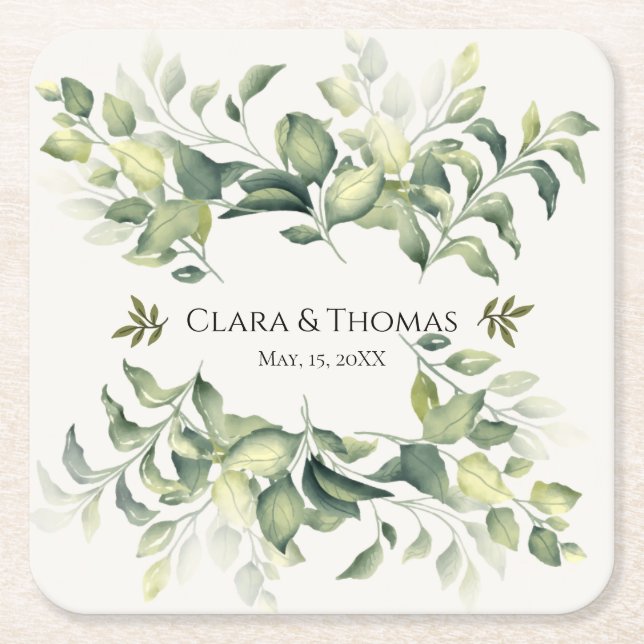 Elegant Green Watercolor | Wedding Paper Coasters (Front)