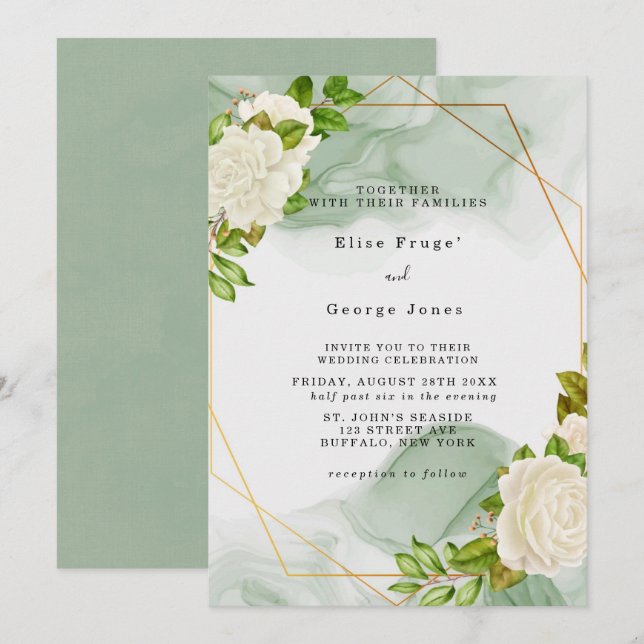 Elegant Green Watercolor White Florals Wedding Invitation (Front/Back)