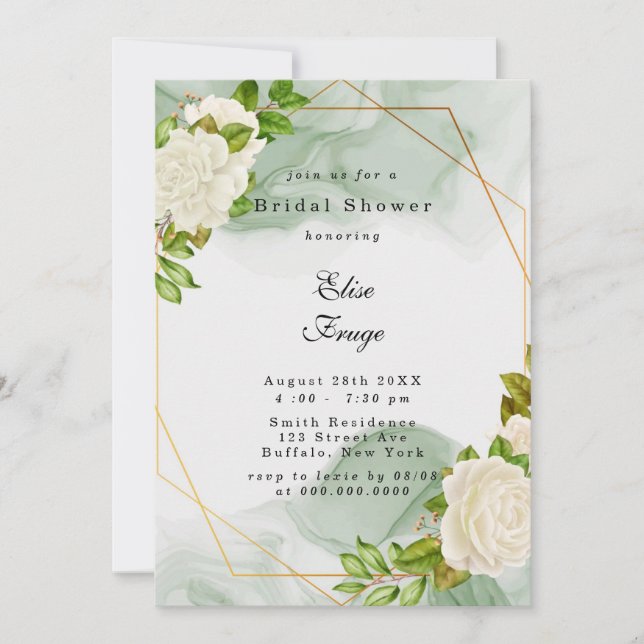 Elegant Green Watercolor White Roses Bridal Shower Invitation (Front)