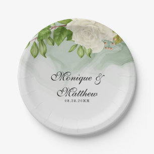 Elegant Green Watercolor White Roses Wedding Paper Plate