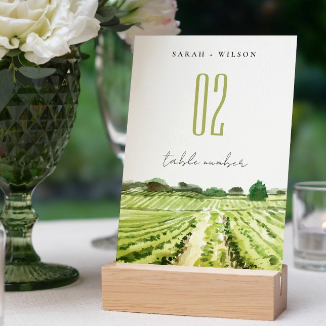 Elegant Green Watercolor Winery Vineyard Wedding Table Number (Creator Uploaded)