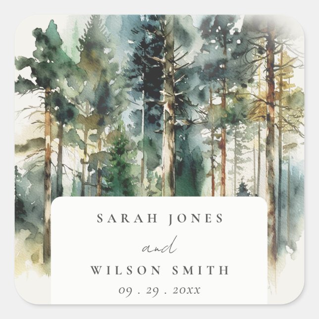Elegant Green Watercolor Woodland Forest Wedding Square Sticker (Front)