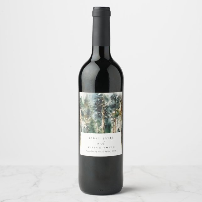 Elegant Green Watercolor Woodland Forest Wedding Wine Label (Front)