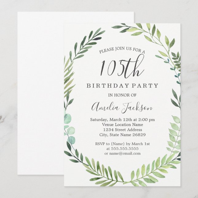 Elegant Green Watercolor Wreath 105th Birthday Invitation (Front/Back)