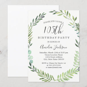 Elegant Green Watercolor Wreath 105th Birthday Invitation