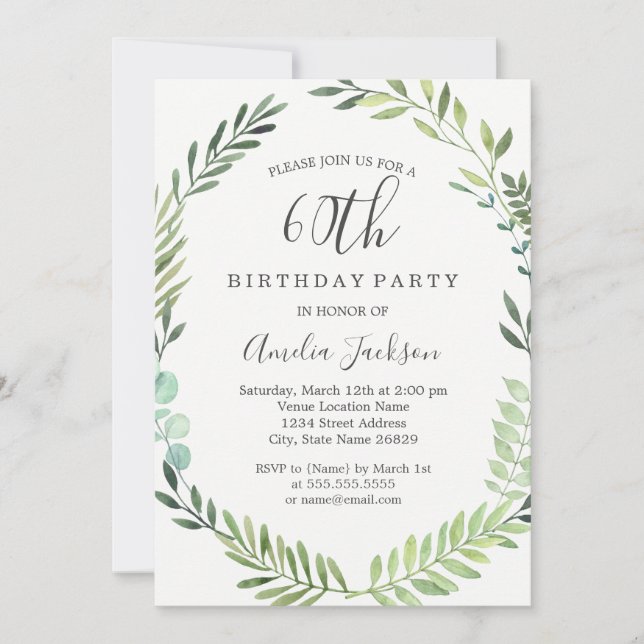 Elegant Green Watercolor Wreath 60th Birthday Invitation (Front)