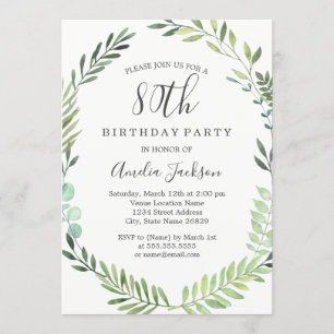 Elegant Green Watercolor Wreath 80th Birthday Invitation