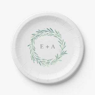 Elegant Green Watercolor Wreath Monogram Wedding Paper Plate