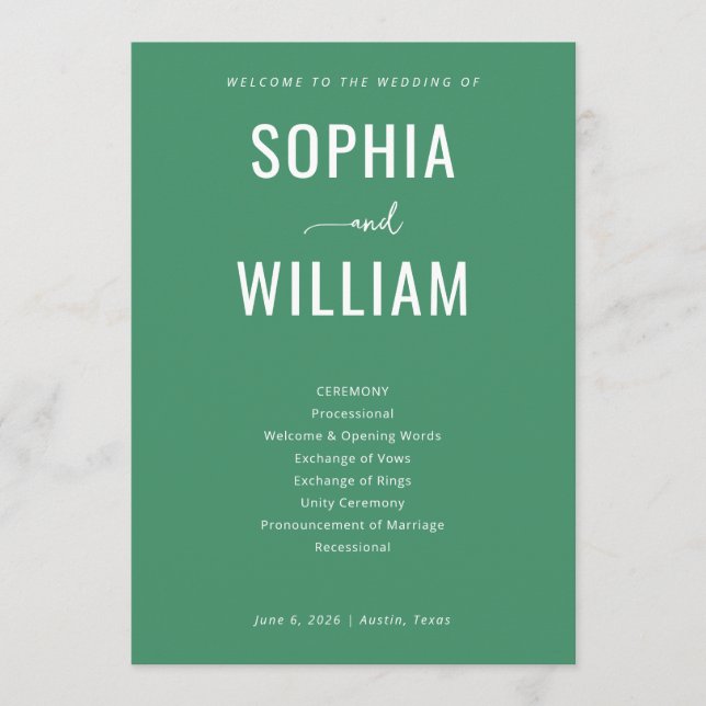 Elegant Green Wedding Ceremony Programme (Front)
