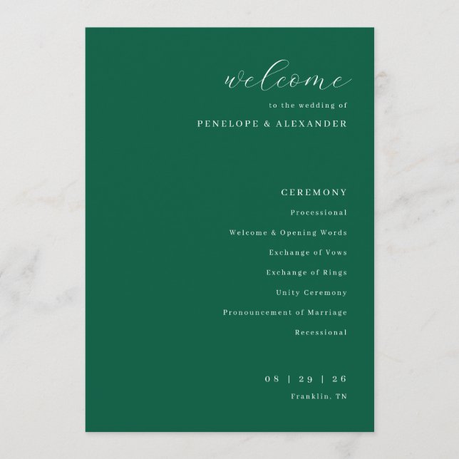 Elegant Green Wedding Ceremony Programme (Front)