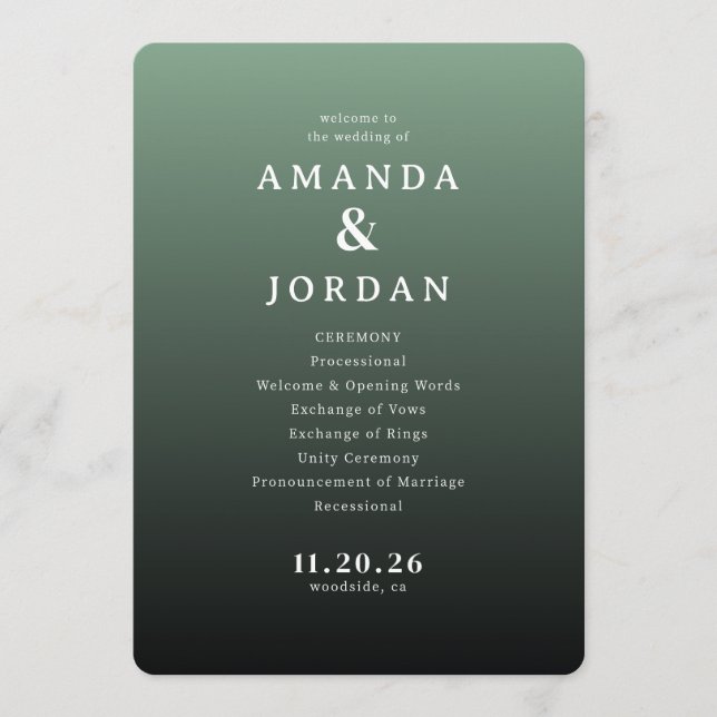 Elegant Green Wedding Ceremony Schedule Programme (Front)