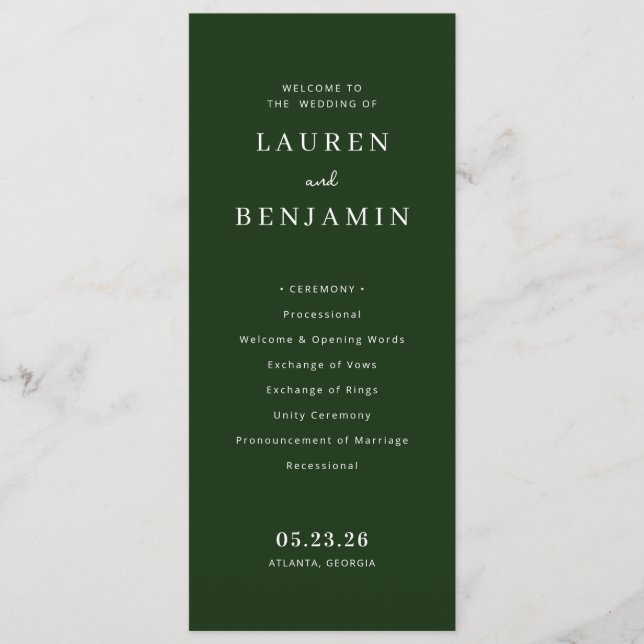 Elegant Green Wedding Ceremony Schedule Programme (Front)