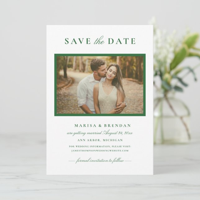 Elegant Green Wedding Photo Save The Date (Standing Front)