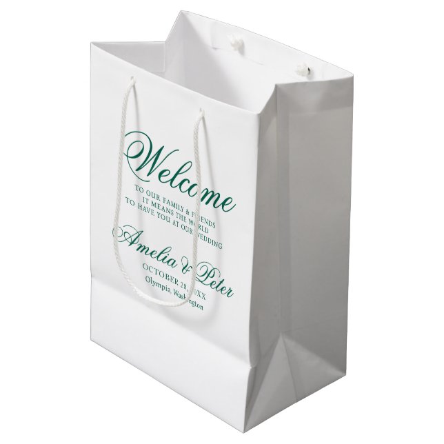Elegant Green Wedding Welcome Medium Gift Bag (Front Angled)