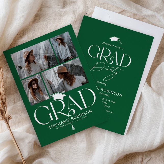 Elegant Green & White 4 Photo Graduation Party Invitation (Creator Uploaded)