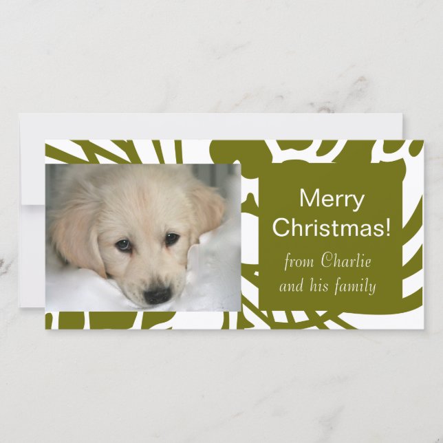 Elegant Green White Dog Christmas Photo Cards (Front)