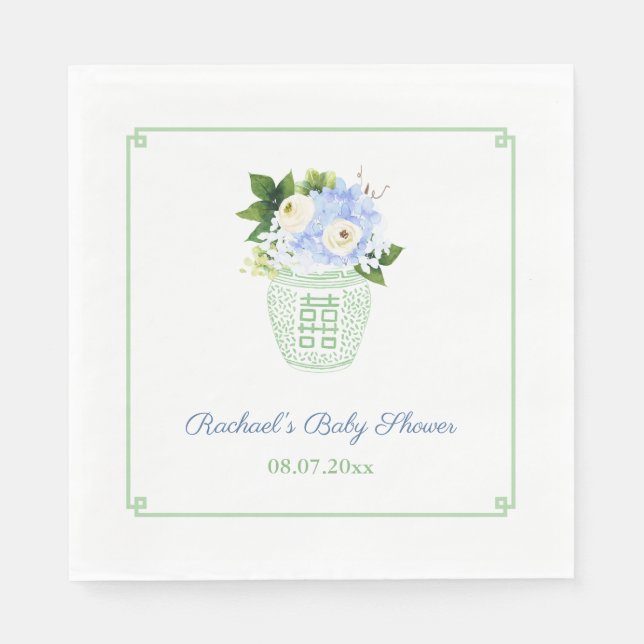 Elegant Green White Floral Baby Shower Party Napkin (Front)