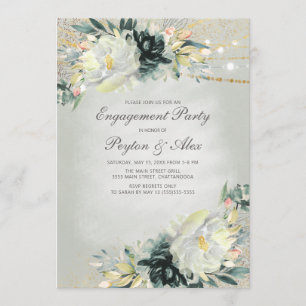Elegant Green White Floral Gold Lights Engagement Invitation