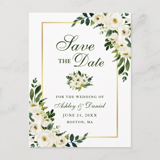 Elegant Green White Floral Save the Date Announcement Postcard (Front)
