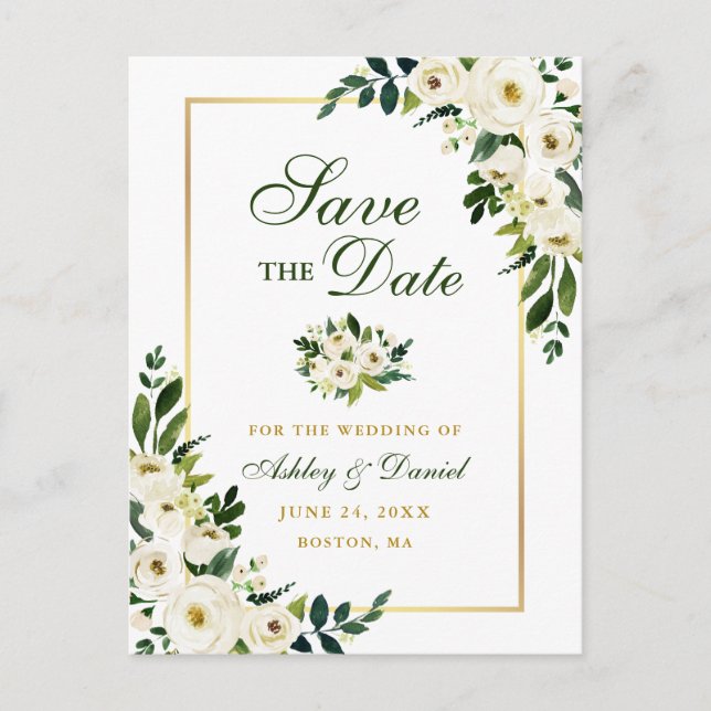 Elegant Green White Floral Save the Date Gold Announcement Postcard (Front)