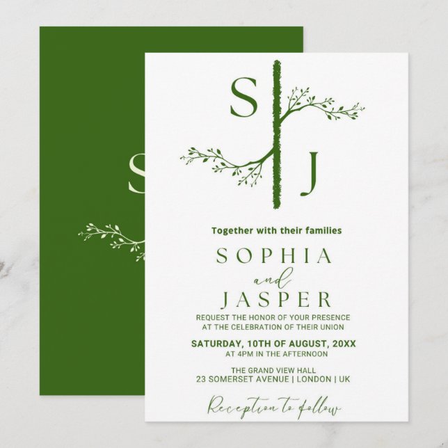 Elegant Green & White Floral Wedding Invitation  (Front/Back)