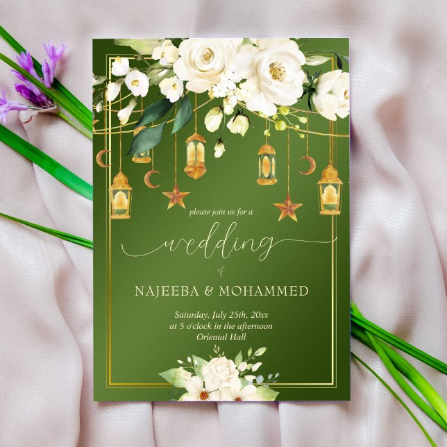 Elegant green white flowers Islamic wedding Invitation (Creator Uploaded)