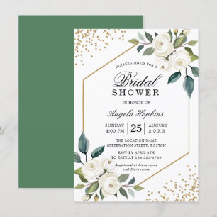 Elegant Green White Gold Floral Bridal Shower Invitation