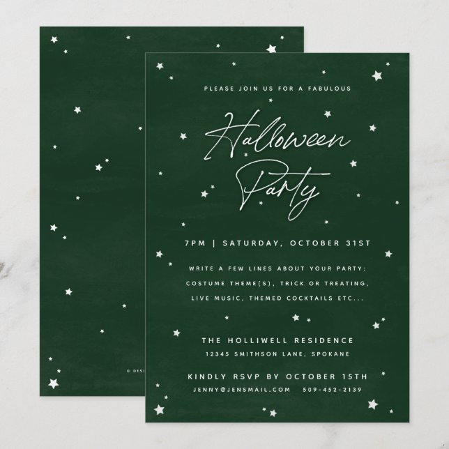Elegant Green+White Magical Stars Halloween Party Invitation (Front/Back)