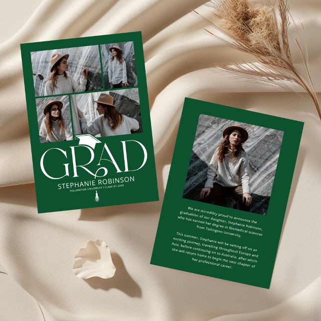Elegant Green & White Photo Collage Graduation Announcement (Creator Uploaded)