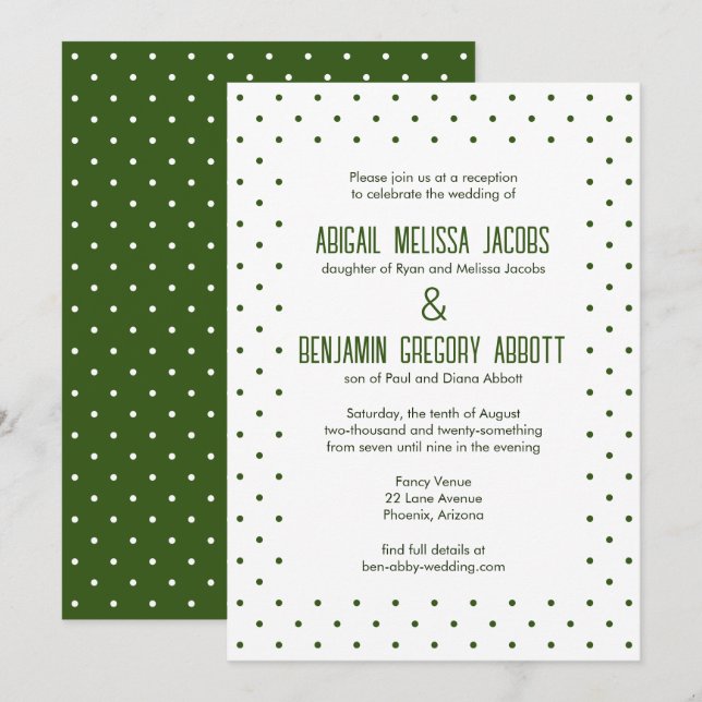 Elegant Green & White Polka-Dotted Reception Invitation (Front/Back)