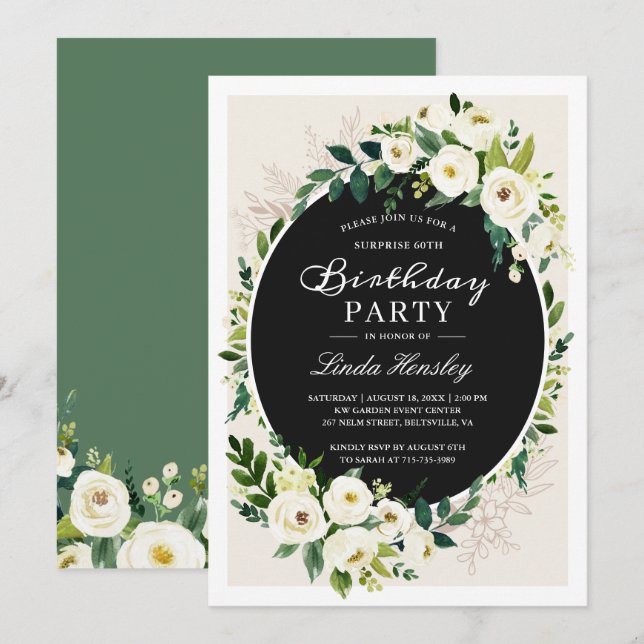 Elegant Green White Roses Floral Birthday Party Invitation (Front/Back)