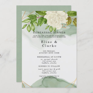 Elegant Green White Roses Rustic Rehearsal Dinner Invitation
