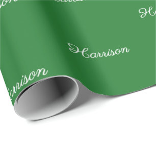 Elegant green white script custom name cute wrapping paper