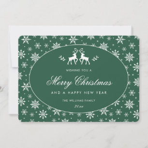 Elegant Green White Snowflake Reindeer Christmas Holiday Card