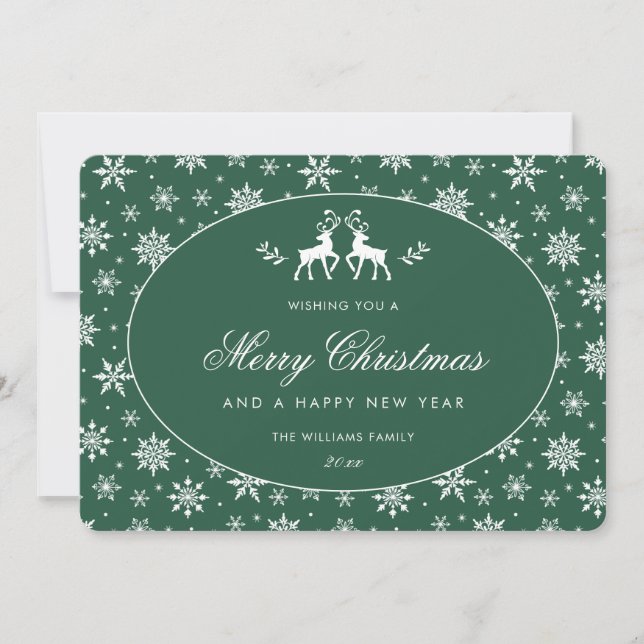 Elegant Green White Snowflake Reindeer Christmas Holiday Card (Front)