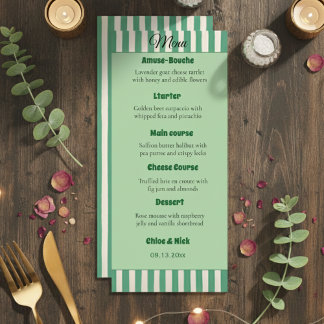 Elegant Green & White Striped Wedding Dinner Menu
