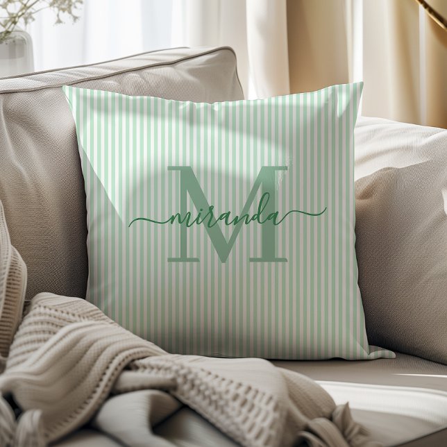 Elegant Green & White Stripes Monogram Name Cushion (Creator Uploaded)